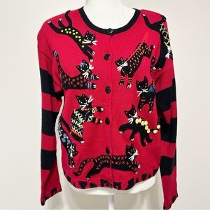 Vintage Susan Bristol Cats Knit Sweater Cardigan Red Black Grannycore Medium